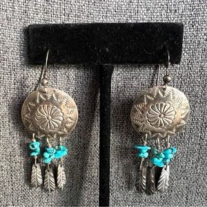 Native American Navajo Concho Turquoise Earrings Feathers MOP 925 Dangle 7cms
